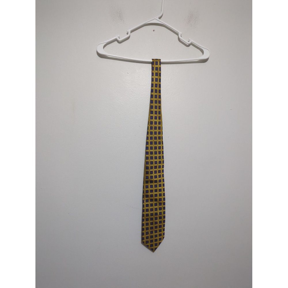 Next Mens Silk Tie Gold‎ Navy Blue Geometric Square Pattern M79428 RN87159